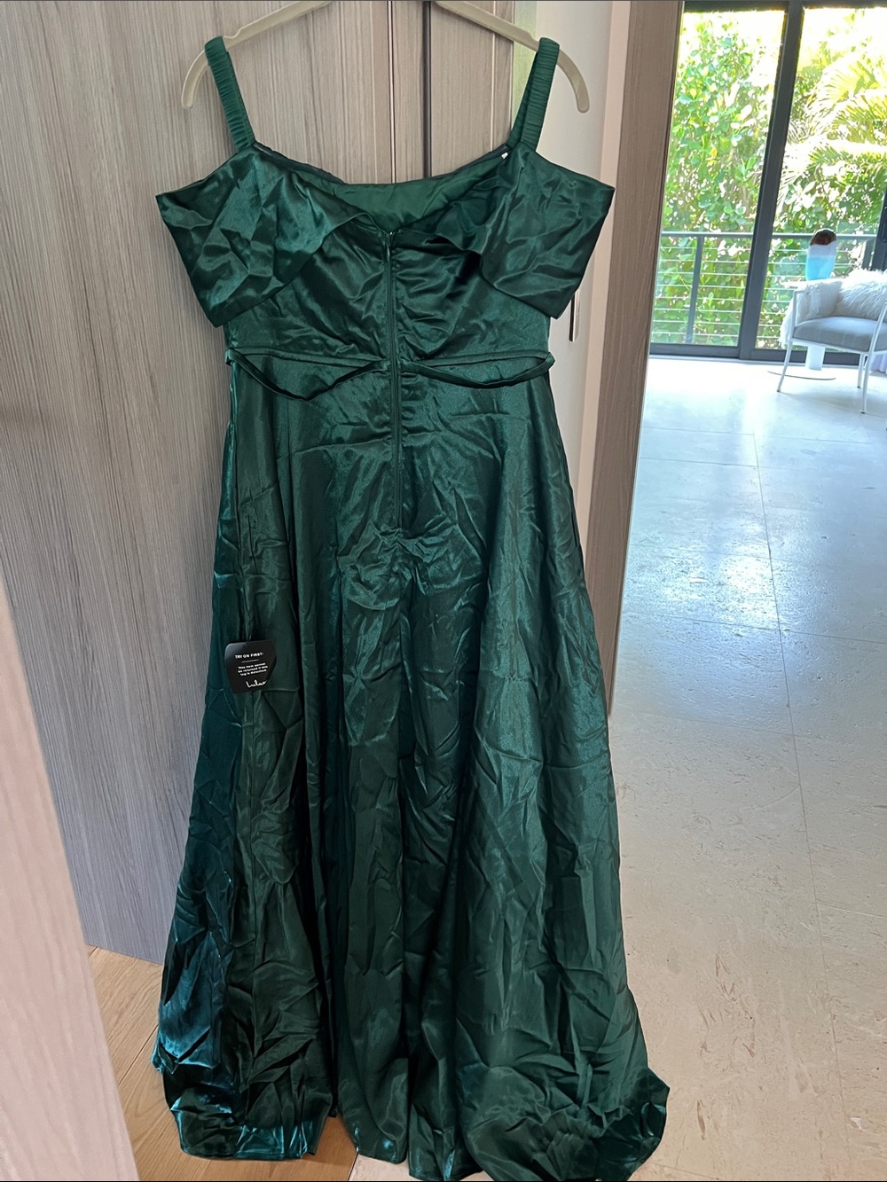 NWT LULU'S greatest hits forest green satin off shoulder ball gown L - Picture 10 of 14